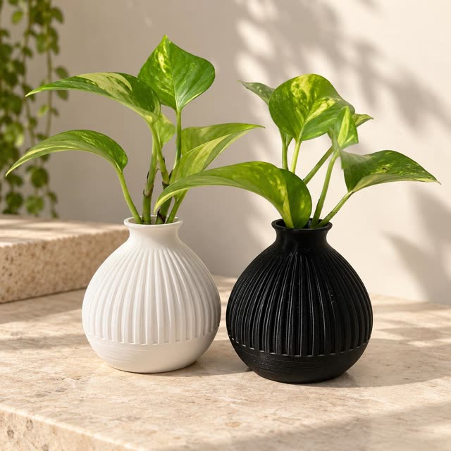 Mini Ribbed Vase — black and white 3D printed mini vases with plant cuttings